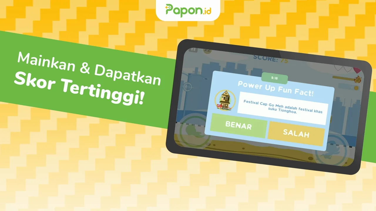 Cuplikan layar kuis Fun Fact dengan tombol Benar dan Salah.